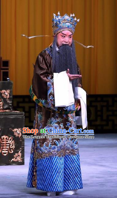 Chinese Peking Opera Chancellor Xiao He Costumes In Pursuit of The General Apparels Lao Sheng Elderly Male Garment Embroidered Robe and Headwear