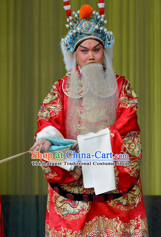 Chinese Peking Opera General Costumes Zhu Lian Zhai Apparels Wu Sheng Garment Official Red Python Embroidered Robe and Headwear