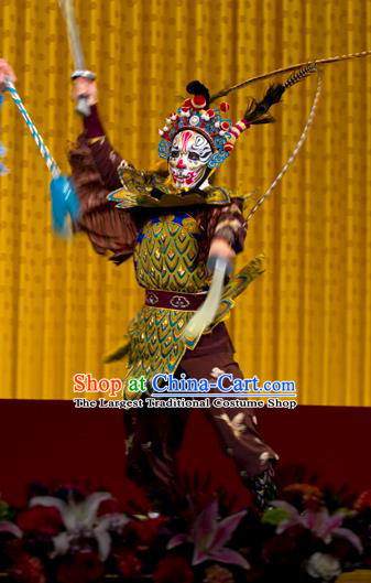 Chinese Peking Opera Monster Takefu Costumes The Fire Fenix Apparels Martial Male Actor Wu Sheng Purple Garment and Headwear