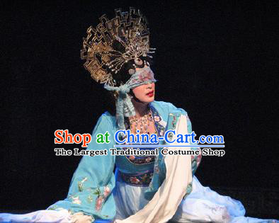Chinese Beijing Opera Noble Consort Su Daji Costumes Apparels Garment The Legend and Hero Peking Opera Hua Tan Blue Dress and Headpieces