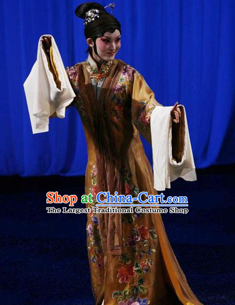 Chinese Kun Opera Hua Tan Apparels Costumes The Fragrant Companion Peking Opera Diva Young Lady Garment Embroidered Brown Dress and Hair Accessories