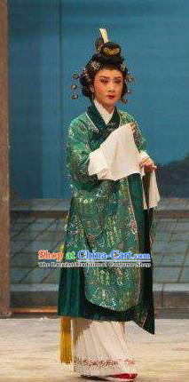Chinese Beijing Opera Rich Dame Hanfu Dress Costumes Cao Cao And Yang Xiu Peking Opera Female Role Green Garment and Hair Accessories