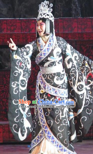 Chinese Beijing Opera Hua Tan Hanfu Dress Apparels Costumes Zeng Houyi Peking Opera Queen Black Garment and Hair Ornaments
