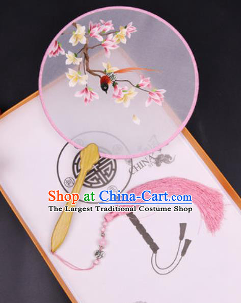 Chinese Traditional Embroidered Pink Mangnolia Palace Fans Handmade Classical Dance Ebony Round Fan for Women