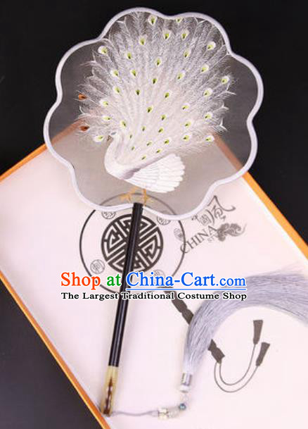 Chinese Traditional Embroidered White Peacock Silk Fans Handmade Classical Dance Ebony Palace Fan for Women