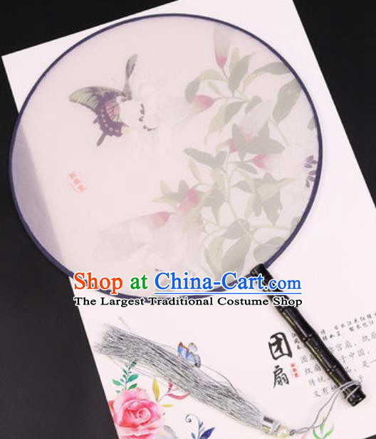 Chinese Traditional Printing Lily Flowers Butterfly Round Fans Handmade Classical Dance Ebony Palace Fan for Women
