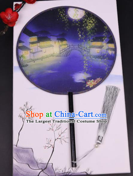 Chinese Traditional Printing Waterside Round Fans Handmade Classical Dance Ebony Palace Fan for Women