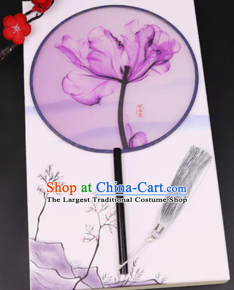 Chinese Traditional Printing Purple Leaf Round Fans Handmade Classical Dance Ebony Palace Fan for Women