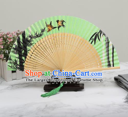 Chinese Traditional Printing Bamboo Green Silk Fan Classical Dance Accordion Fans Folding Fan