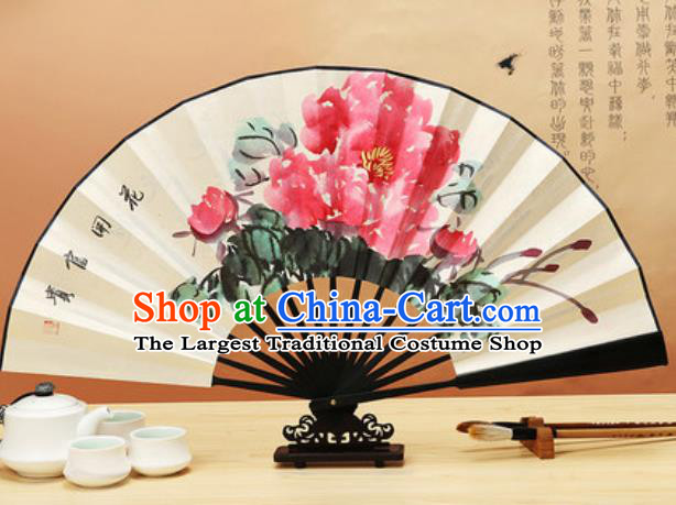 Chinese Traditional Hand Painting Peony Ebony Paper Fan Classical Dance Accordion Fans Folding Fan