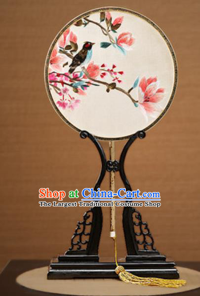 Handmade Chinese Embroidered Mangnolia Silk Round Fans Traditional Classical Dance Palace Fan for Women