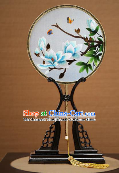 Handmade Chinese Embroidered Blue Mangnolia Silk Round Fans Traditional Classical Dance Palace Fan for Women