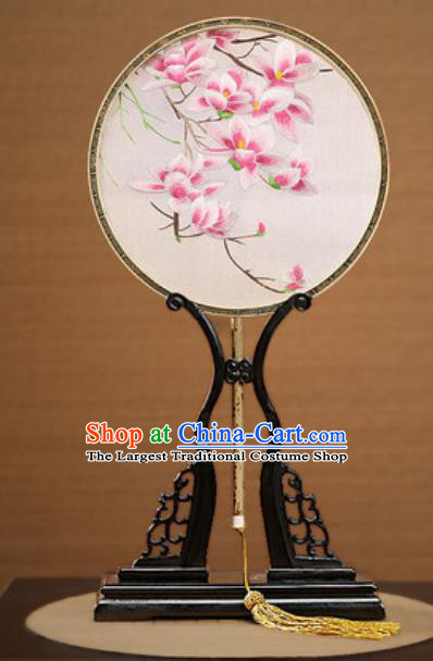 Handmade Chinese Embroidered Pink Mangnolia Silk Round Fans Traditional Classical Dance Palace Fan for Women