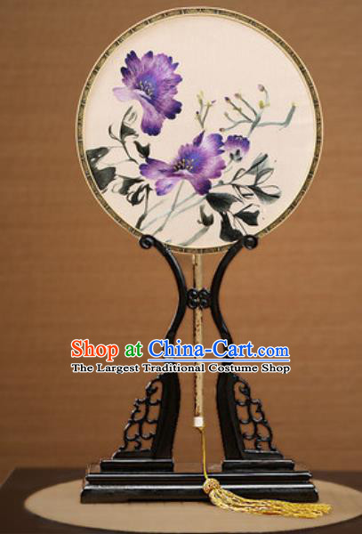 Handmade Chinese Embroidered Purple Flower Silk Round Fans Traditional Classical Dance Palace Fan for Women