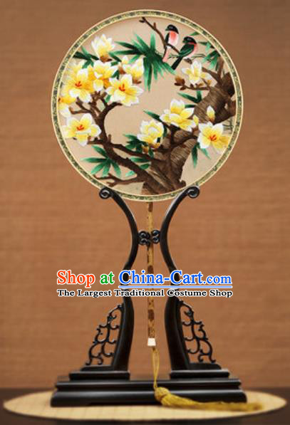 Handmade Chinese Embroidered Yellow Mangnolia Silk Round Fans Traditional Classical Dance Palace Fan for Women