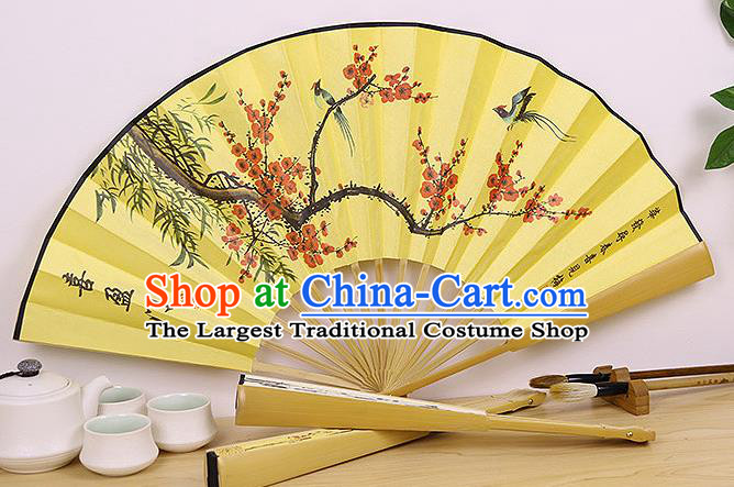 Handmade Chinese Ink Painting Plum Bamboo Birds Yellow Fan Traditional Classical Dance Accordion Fans Folding Fan