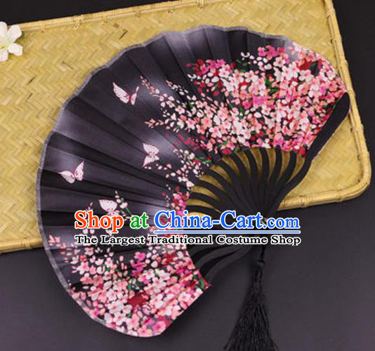 Handmade Chinese Printing Primrose Butterfly Black Satin Fan Traditional Classical Dance Accordion Fans Folding Fan