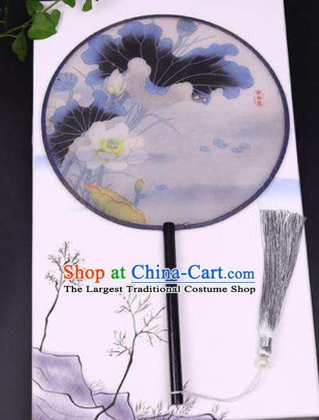 Handmade Chinese Printing Lotus Grey Silk Fans Traditional Classical Dance Palace Fan for Women
