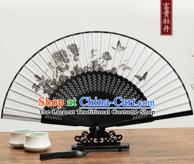 Chinese Traditional Ink Painting Peony Fan Handmade Accordion Classical Dance Fans Folding Fan