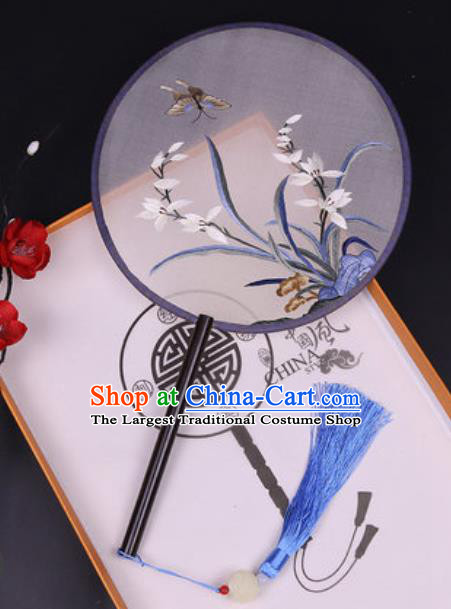 Handmade Chinese Embroidered Orchid Butterfly Silk Fans Traditional Classical Dance Palace Fan for Women