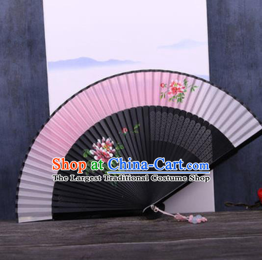 Chinese Traditional Hand Painting Peony Pink Silk Fan Classical Dance Accordion Fans Folding Fan