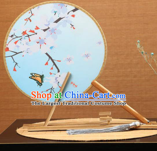 Handmade Chinese Printing Pear Flowers Blue Round Fans Traditional Classical Dance Red Beech Palace Fan for Women