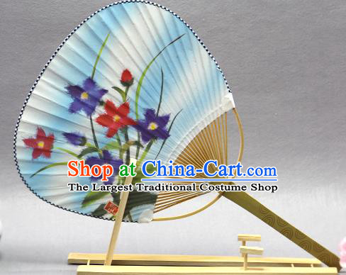 Handmade Chinese Printing Orchid Blue Paper Fans Traditional Classical Dance Palace Fan for Women