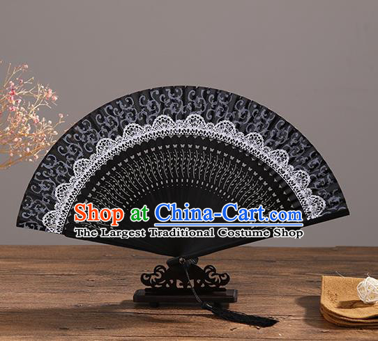 Handmade Chinese Printing White Lace Ebony Fan Traditional Classical Dance Accordion Fans Folding Fan