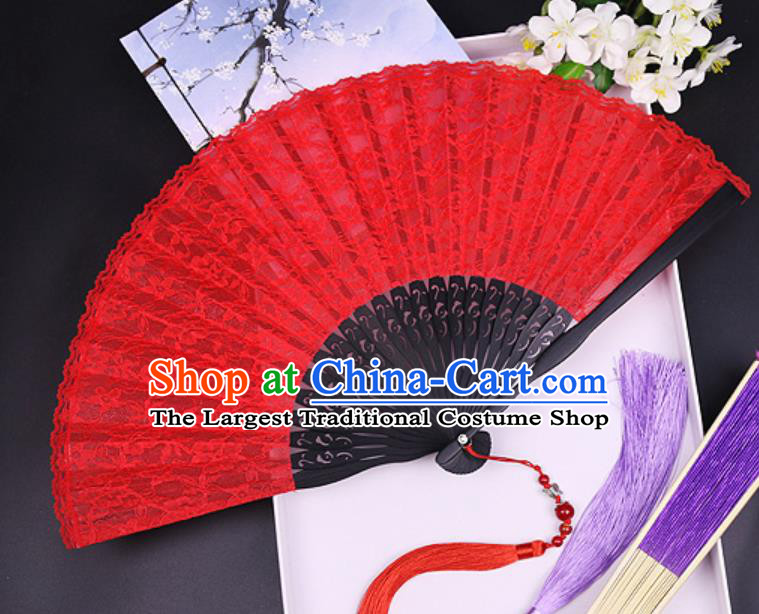 Handmade Chinese Red Lace Fan Traditional Classical Dance Accordion Fans Folding Fan