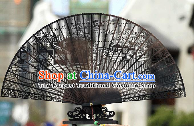 Handmade Chinese Carving Jiangnan Watertown Ebony Fan Traditional Classical Dance Accordion Fans Folding Fan