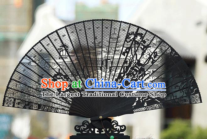 Handmade Chinese Carving Beijing Garden Ebony Fan Traditional Classical Dance Accordion Fans Folding Fan