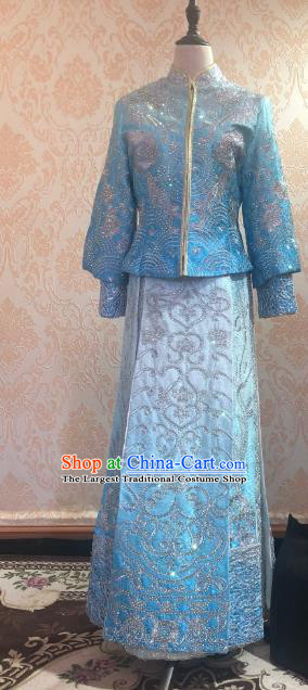 Chinese Traditional Xiu He Suit Blue Dress China Ancient Bride Wedding Costume for Women