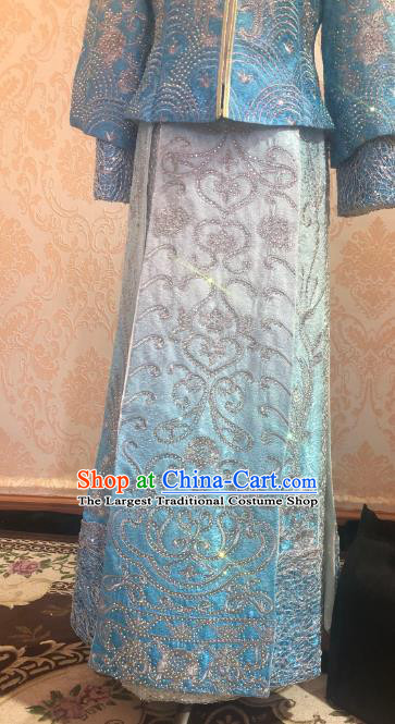 Chinese Traditional Xiu He Suit Blue Dress China Ancient Bride Wedding Costume for Women