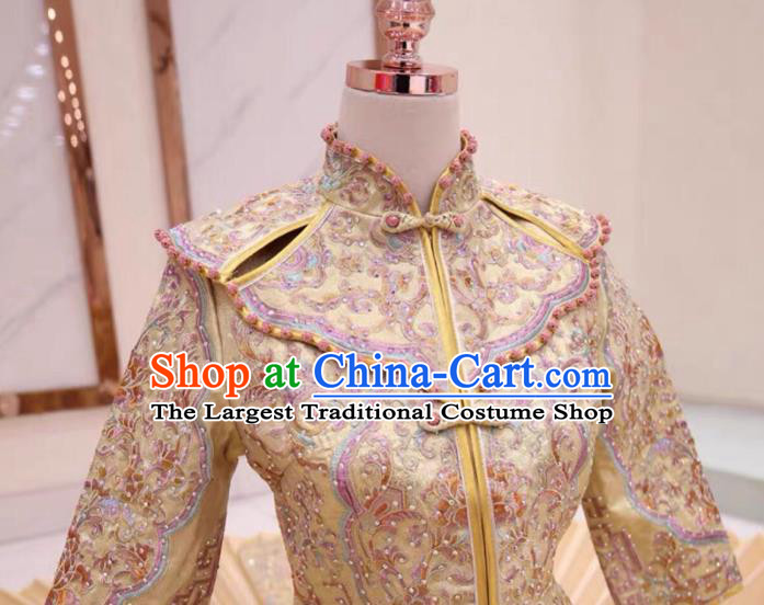 Chinese Traditional Xiu He Suit Embroidered Champagne Dress China Ancient Bride Wedding Costume for Women