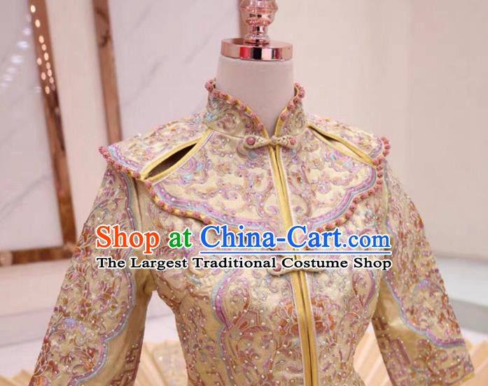 Chinese Traditional Xiu He Suit Embroidered Champagne Dress China Ancient Bride Wedding Costume for Women