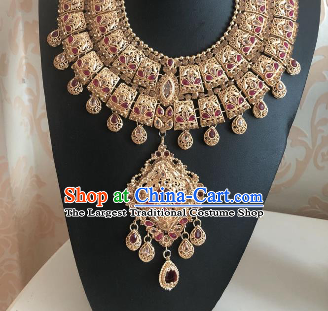 Indian Traditional Wedding Red Gem Necklace Asian India Bride Jewelry Accessories for Women