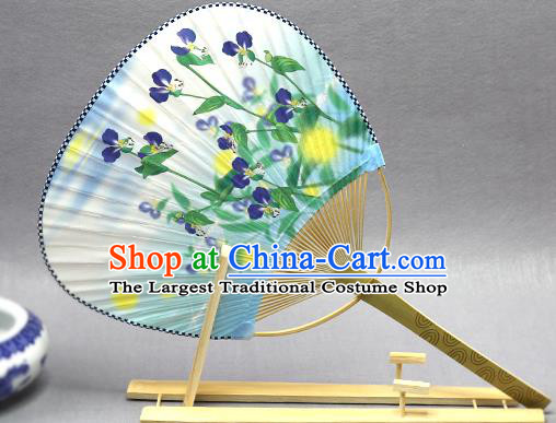 Handmade Chinese Printing Phalaenopsis Blue Paper Fans Traditional Classical Dance Palace Fan for Women