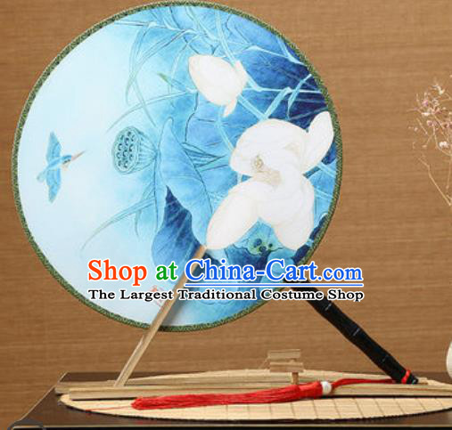 Handmade Chinese Printing Lotus Blue Palace Fans Traditional Classical Dance Round Fan for Women