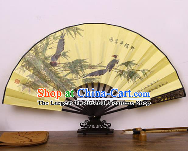 Handmade Chinese Ink Painting Bamboo Birds Yellow Carving Fan Traditional Classical Dance Accordion Fans Folding Fan