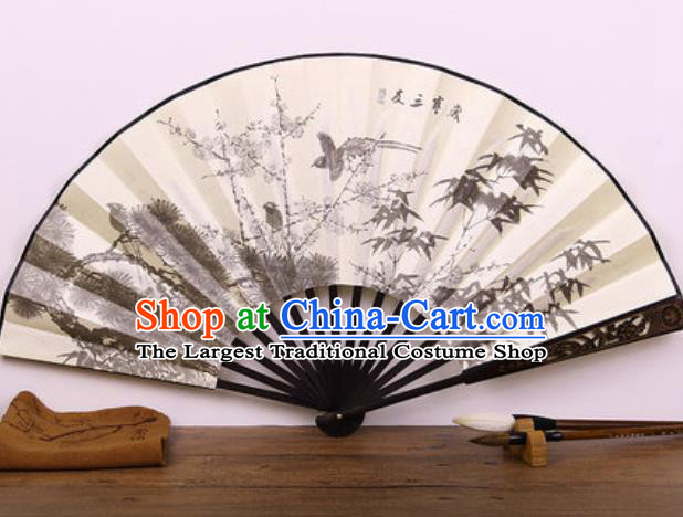 Handmade Chinese Ink Painting Pine Bamboo Plum Carving Fan Traditional Classical Dance Accordion Fans Folding Fan