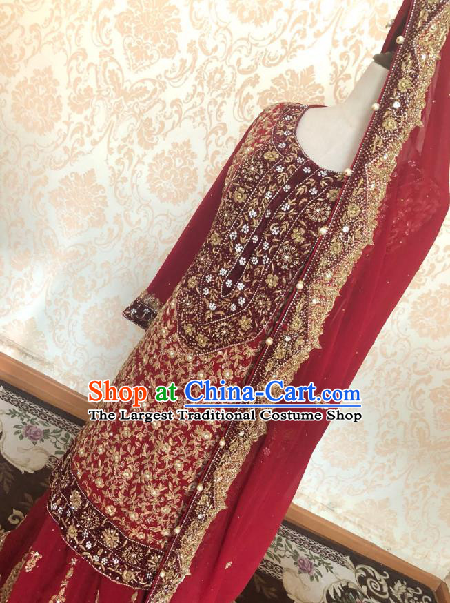 Indian Traditional Embroidered Red Lehenga Dress Asian Hui Nationality Bride Wedding Costume for Women