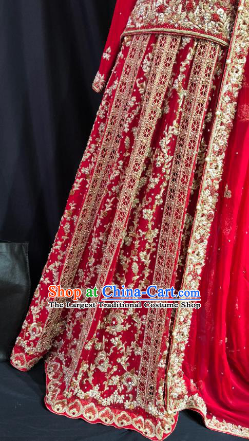 Indian Traditional Bride Embroidered Diamante Red Lehenga Dress Asian Hui Nationality Wedding Costume for Women