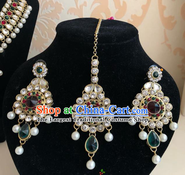 Indian Traditional Wedding Green Crystal Eyebrows Pendant and Earrings Asian India Bride Headwear Jewelry Accessories for Women