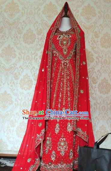 Indian Traditional Wedding Red Embroidered Costume Asian Hui Nationality Bride Lehenga Dress for Women