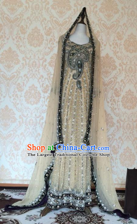 Indian Traditional Wedding Beige Lehenga Dress Asian Hui Nationality Bride Embroidered Costume for Women