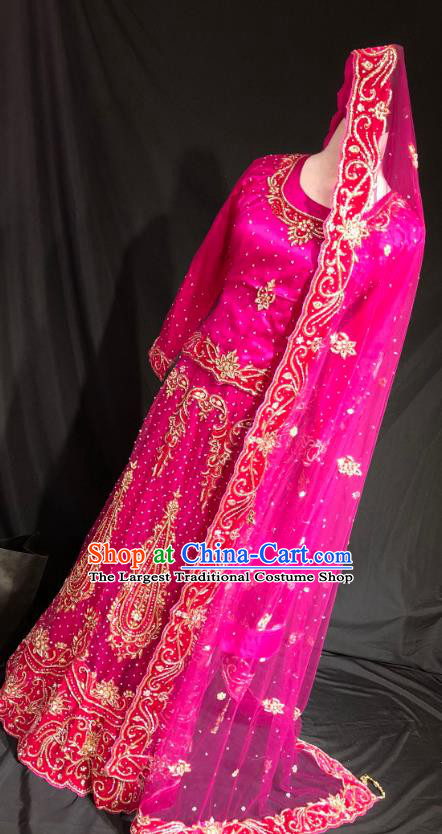 Indian Traditional Wedding Embroidered Diamante Rosy Lehenga Dress Asian Hui Nationality Bride Costume for Women