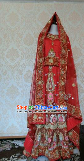 Indian Traditional Pearls Embedded Red Lehenga Costume Asian Hui Nationality Wedding Bride Embroidered Dress for Women