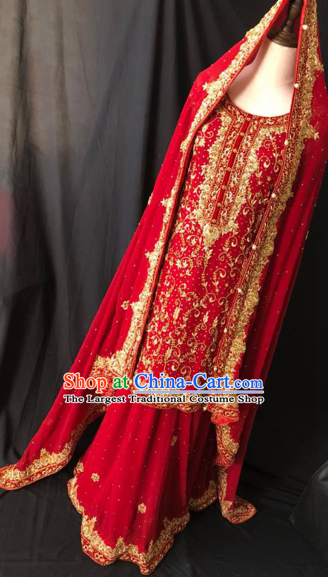 Indian Traditional Bride Embroidered Red Lehenga Dress Asian Hui Nationality Wedding Costume for Women