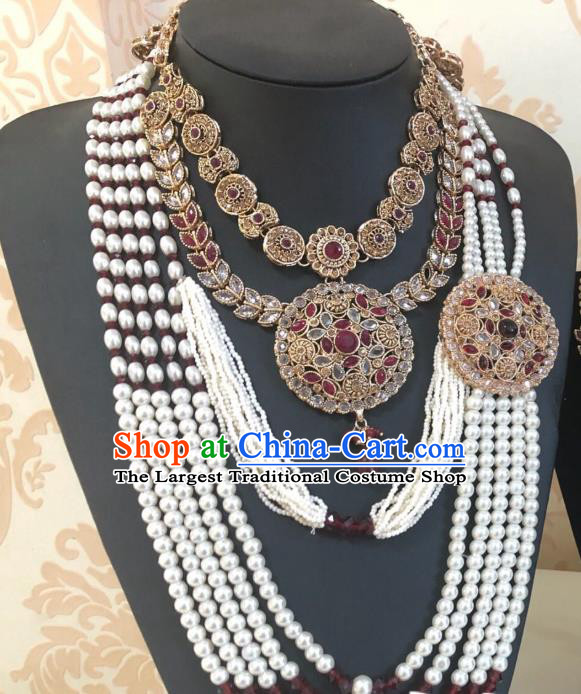 Traditional Indian Wedding Bride Eyebrows Pendant and Beads Necklace Asian India Headwear Jewelry Accessories for Women