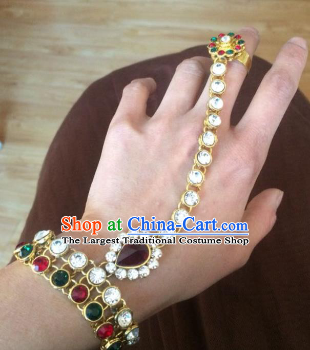 Indian Traditional Wedding Crystal Bracelet with Ring Asian India Court Bride Jewelry Accessories for Women